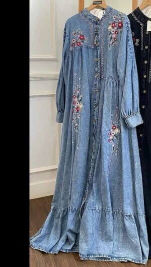 blue gowns EMBROIDERY GOWN DENIM FABRIC Blue colour