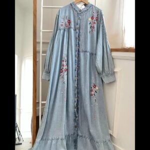 denim fabric gown EMBROIDERY GOWN DENIM FABRIC SKY BLUE COLOUR