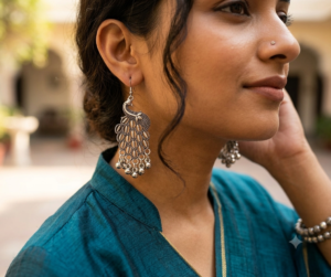 "oxidised silver-plated peacock earrings"