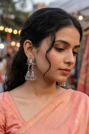 Oxidised Silver Finish: Gives it a vintage, antique ethnic look. Double Jhumka Drops: Features two dome-shaped jhumkis hanging side-by-side from each earring. Meenakari / Hand-Painted Stud: The top stud features a tear-drop floral design crafted with enamel work (Meenakari) or hand-painted details. Ghungroo Details: Small metallic bell beads hanging from the bottom of the domes. " German Silver Oxidised Double Jhumki Earrings"
